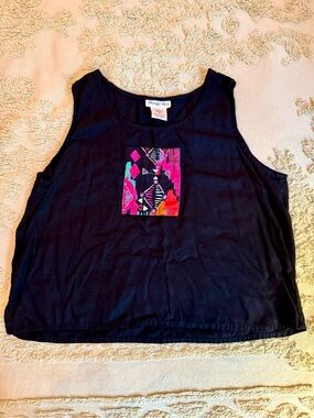 Vintage Mango Bay Black Tank with Bright Pink & Orange Geometric Patch